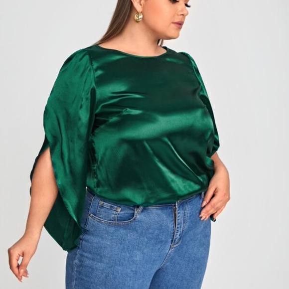 Plus Hunter Green Satin Top Office Work Party - Picture 4 of 5